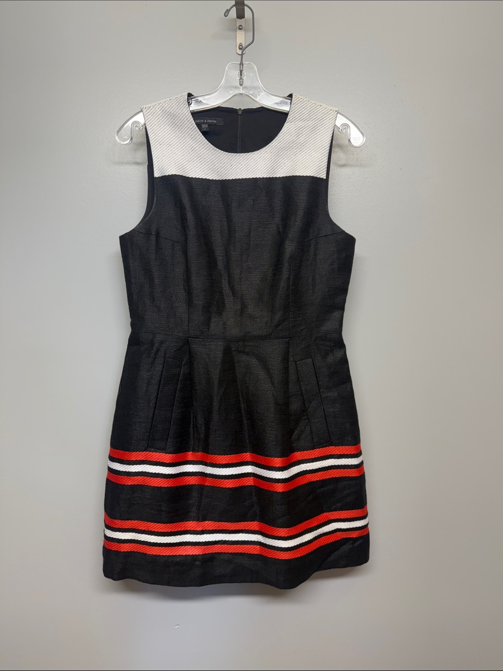 NWOT Judith & Charles Black Linen Red White Stripes Midi Dress